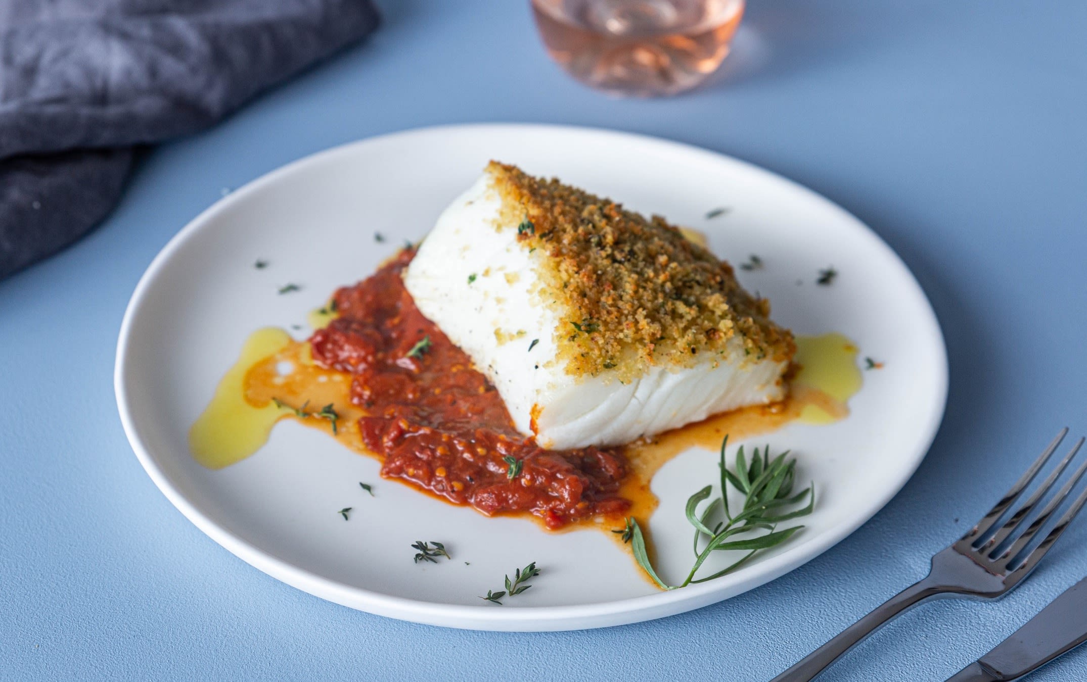 Herb crusted toothfish with roast tomato sauce